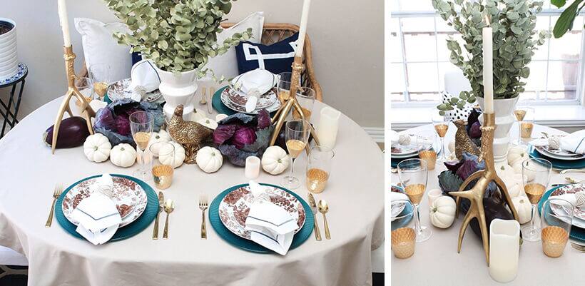 Two different photos showing different angles of Thanksgiving table decor